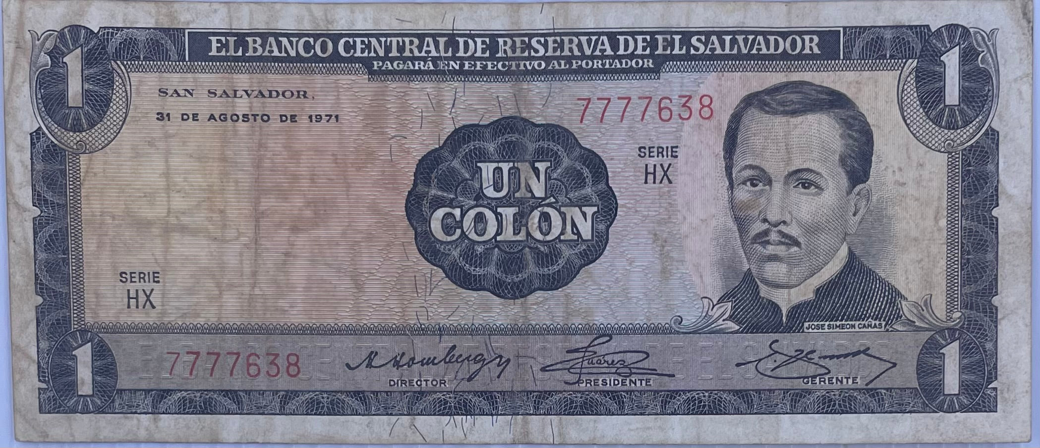 1971 El Salvador 1 Colon Series HX Used World Banknote